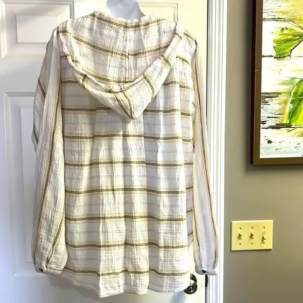 FREE PEOPLE-Rolling Clouds 100% Cotton Hoodie Pocketed White Stripe Blouse-Small - Image 6