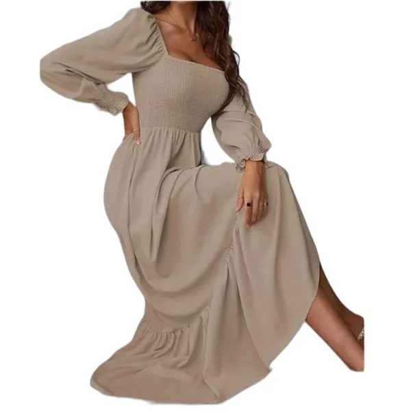 Khaki Smocked Maxi Dress Large Boho Square Neck Ruffle Hem Festival - Image 3