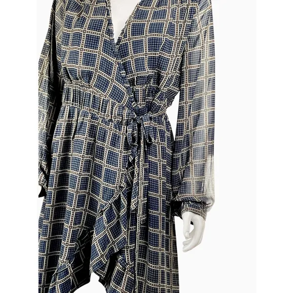 Anthropologie‎ dRA Cicero Wrap Asymmetric Dress Ruffle Plaid Boho Blue - Large - Image 6