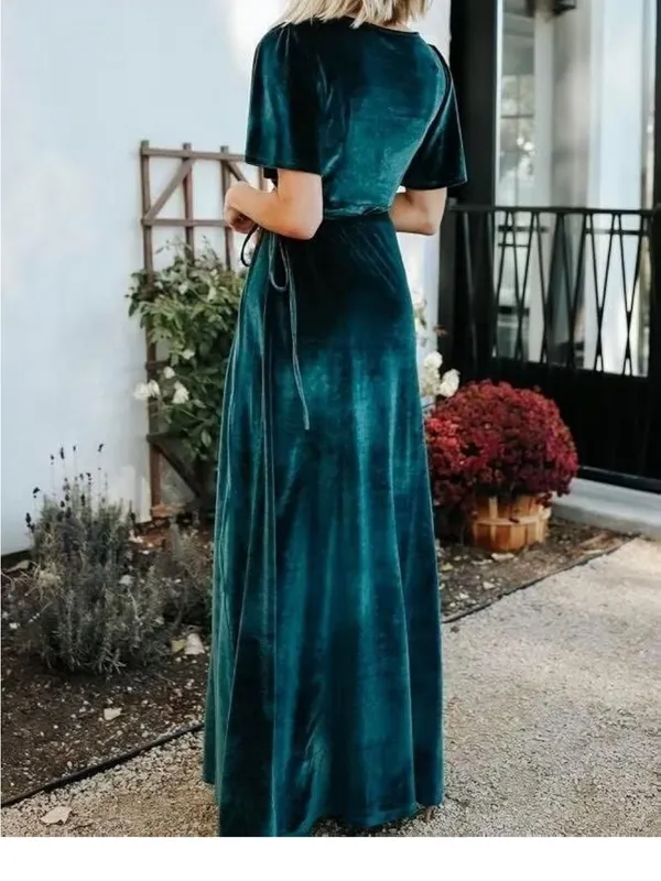 Velvet Wrap Maxi Dress in Emerald Green with Side Slit - Image 2