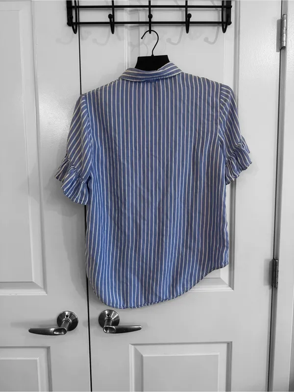 beachlunchlounge Blue and White Striped Button-Down Ruffle Sleeve Blouse - Image 4