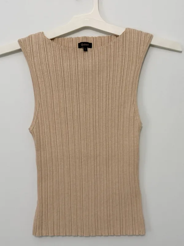 QUINCE Cotton Cashmere Ribbed Tank / Heather Oatmeal / Large - Image 4