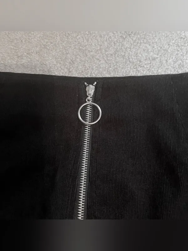 Black Ribbed Suede Mini Skirt with Silver Circle Zipper - Image 6