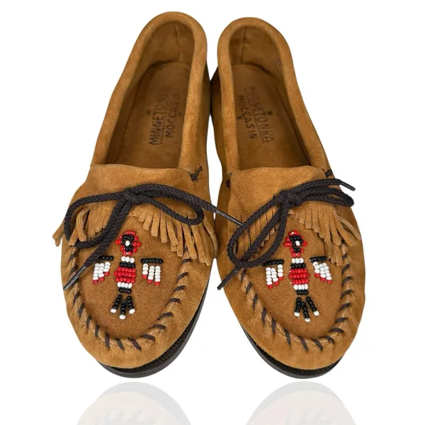 Minnetonka Thunderbird Animikii Moccasins Womens Size 10 Beaded Fringe Slip On‎ - Image 2