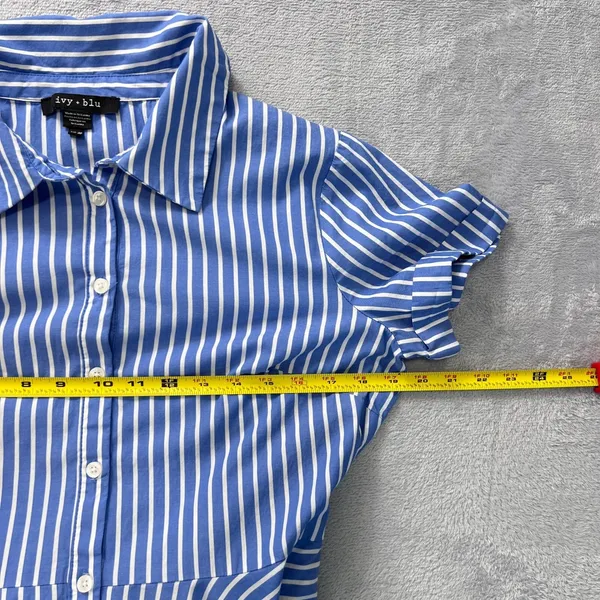 Ivy + Blu Striped‎ Shirt Dress Fit & Flare handkerchief hem Cotton Blue White 10 - Image 7