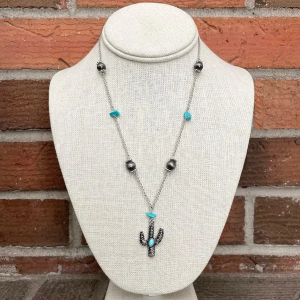 Saguaro Cactus Necklace with Navajo Style Pearl & Turquoise Beaded Chain - Image 2
