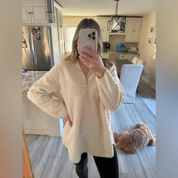 H&M Cream Teddy Sherpa Half Zip Pullover Medium Cozy Fleece - Image 3