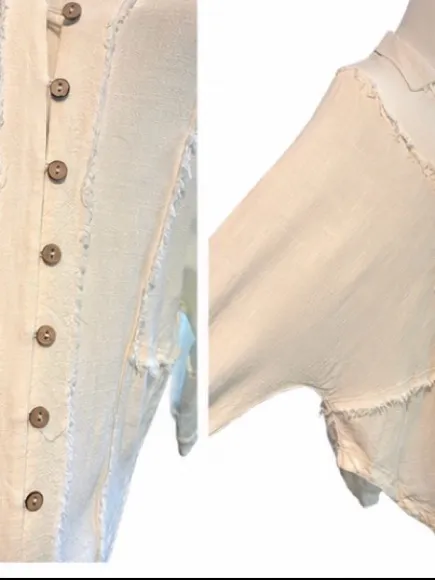 Böhme Cream Rayon Linen Blend Raw Edge Button Front Boho Blouse Size Small - Image 2