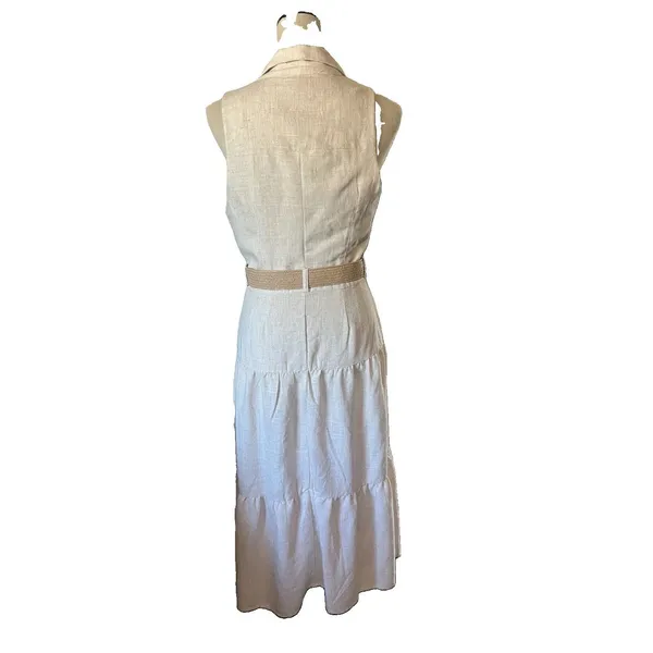 Love Tree Women's Beige Sleeveless Button-Front Belted Midi Shirt Dress M boho - Image 3