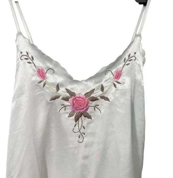 Vintage White Pink Floral Detail Spaghetti Strap Long Nightgown - Image 2