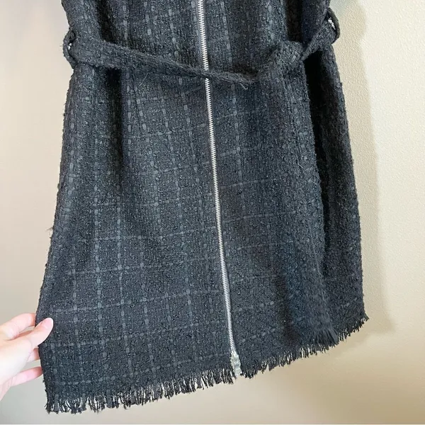 ✨ Bardot Boucle Tweed Zip Front Frayed Hem Dress‎ Medium 8 Black - Image 7