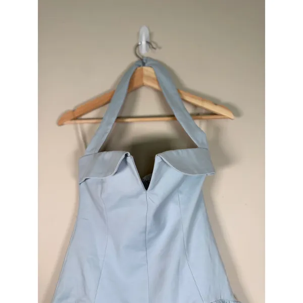 Meshki Light Blue Halter Mini Dress V-Neck Bubble Hem Cotton Blend Size S NEW - Image 6