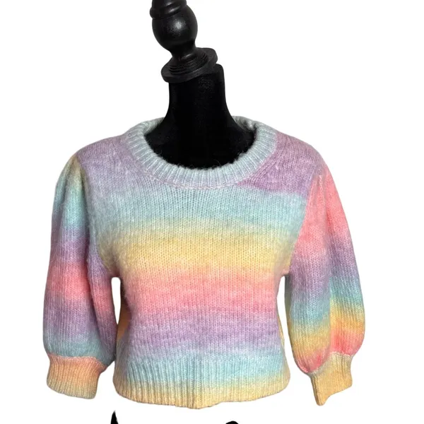 VICI Pastel Rainbow Fuzzy Crop Sweater Puff Sleeve‎ Dopamine Kawaii Kidcore Sz M - Image 6