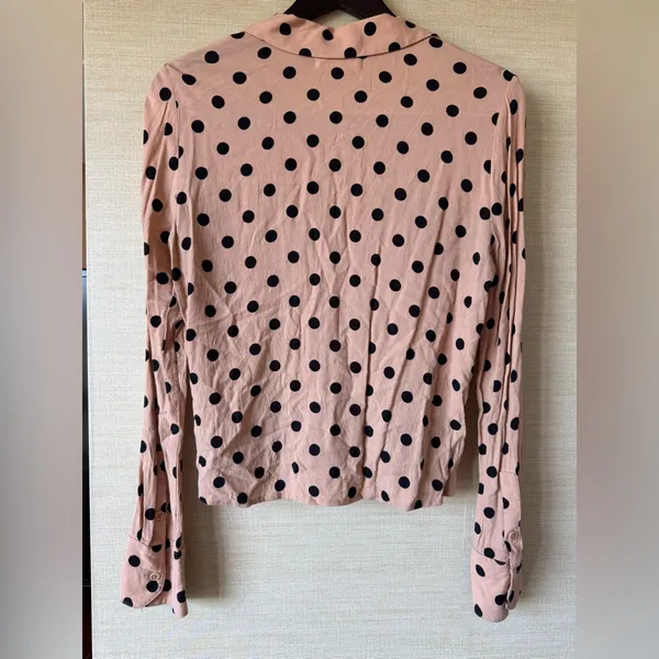 Reformation Polka Dot Button-Up Blouse Cropped Long Sleeve Size Small Pink Black - Image 2