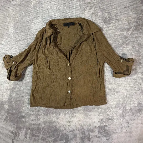 Zara Women’s XS Olive Brown Crinkle Button Front Blouse Roll Tab Sleeve Shirt - Image 3
