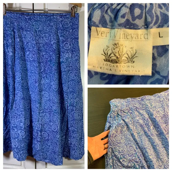 Very‎ Vineyard Skirt Blue Paisley Print Midi Elastic Waist Rayon Size L Martha's - Image 11