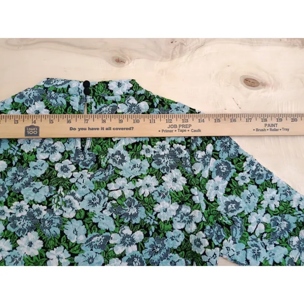 Maeve Anthropologie Floral High Neck Top Blue Green Jacquard Short Sleeve Small - Image 12