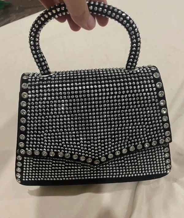 Handbag bling black silver chain cross body evening clutch new - Image 4