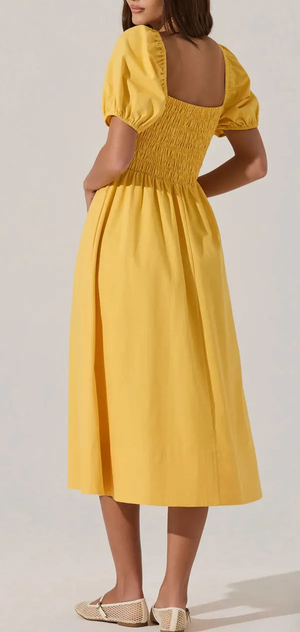 ASTR The Label Bow Detail Smock Bodice Dress in Mustard - Image 2