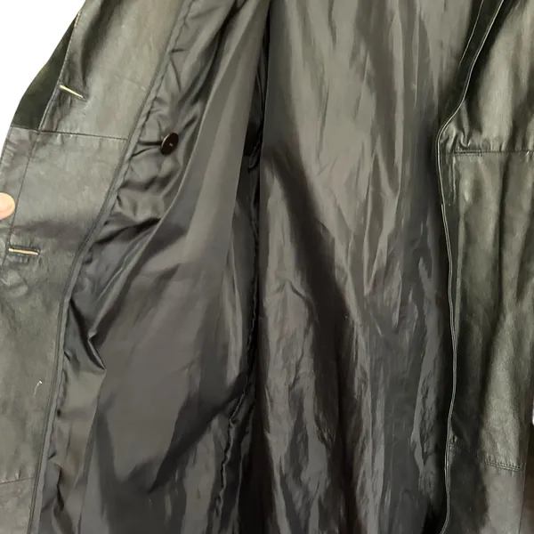 Vintage 90's Marco Morani Black Leather Long Trench Coat Women’s L Suede Trim - Image 10