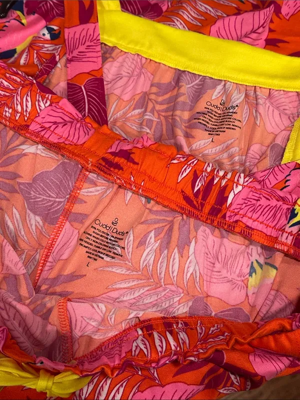 Cuddl Duds Pajama Set Cozy 2pc Tank Top Shorts NEW Pink Orange Bird Paradise L - Image 10