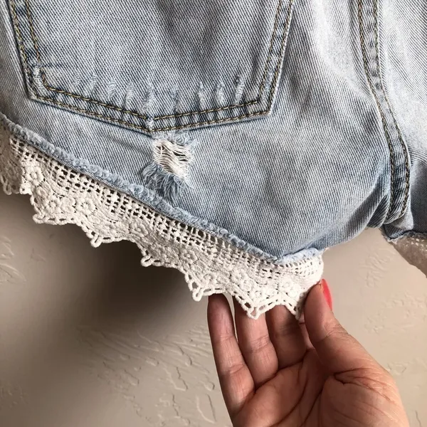 Free People Distressed Crochet‎ Denim Shorts - Image 7