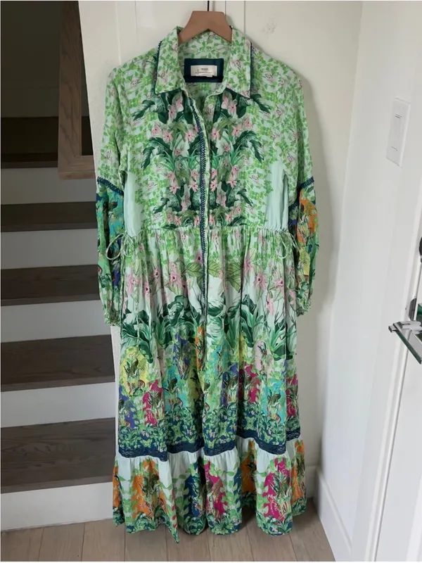 By Anthropologie Long-Sleeve Printed Maxi Shirt Dress in Green - Image 4