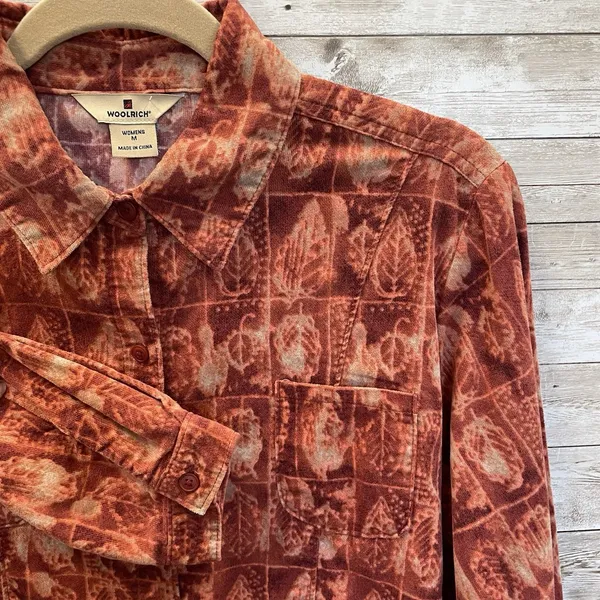 Woolrich Womens M Shirt Rust Leaf Print Micro Wale‎ Corduroy Button Front Cotton - Image 2