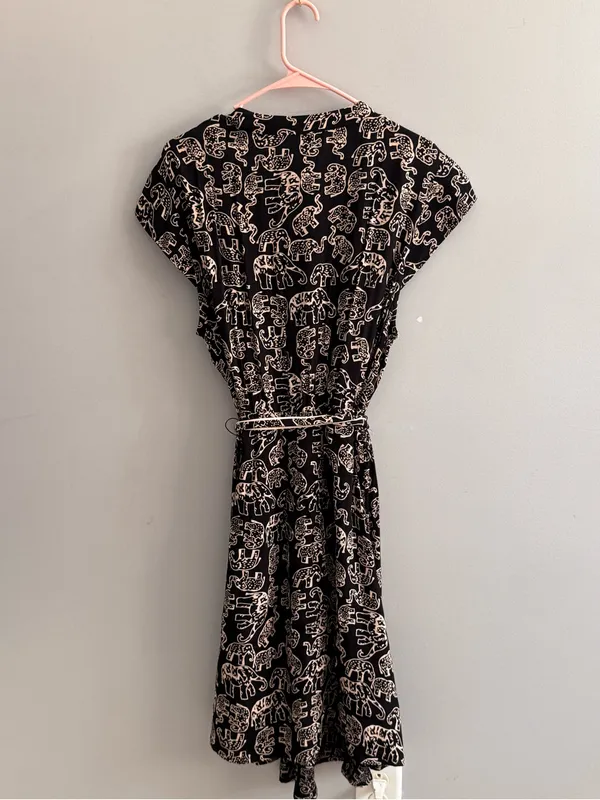 Maeve Anthropologie Large Elephant Print Wrap Dress Black Tan Belted - Image 3
