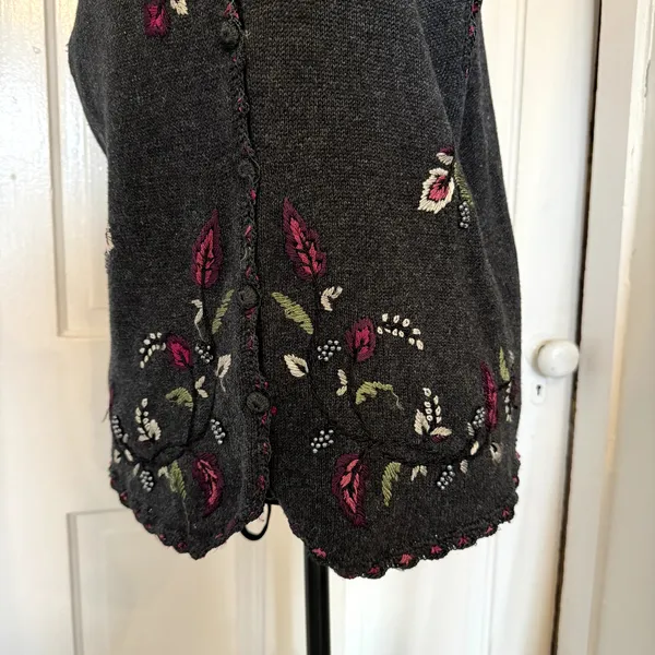 Vintage 90s Classic Elements Floral Embroidered Button Up Vest Medium Charcoal - Image 5