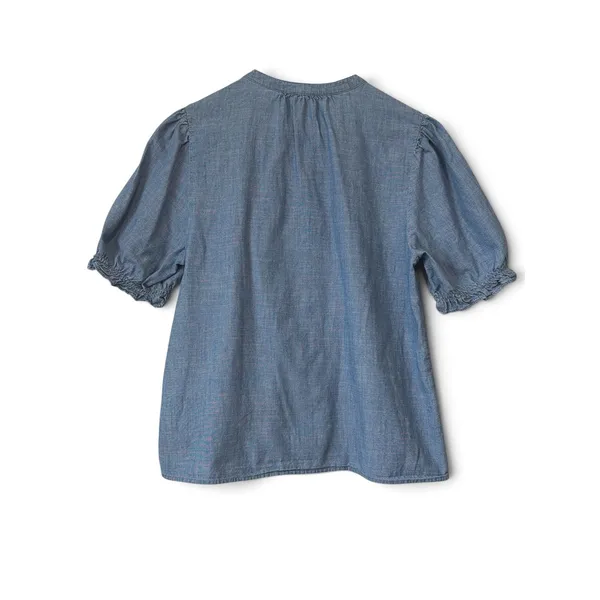 J.Crew Re-Imagined Blue Chambray Ruffle Trim Puff Sleeve Button Top Medium - Image 3