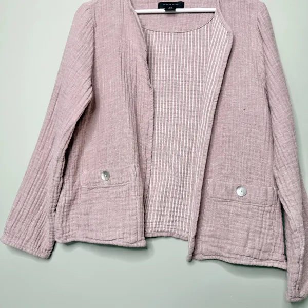 Tahari Linen Gauze Lightweight Jacket Top Mauve Pink Purple White Pockets Medium - Image 5