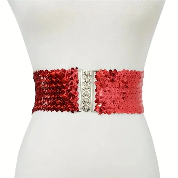 Chic Style Red Sequined Elastic Waist‎ Belt for Women Elegant One Size - Image 4