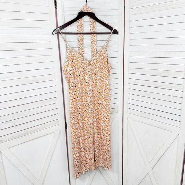 A Loves A Ditsy Floral Button Front‎ Spaghetti Strap Sundress Orange Pink Small - Image 8