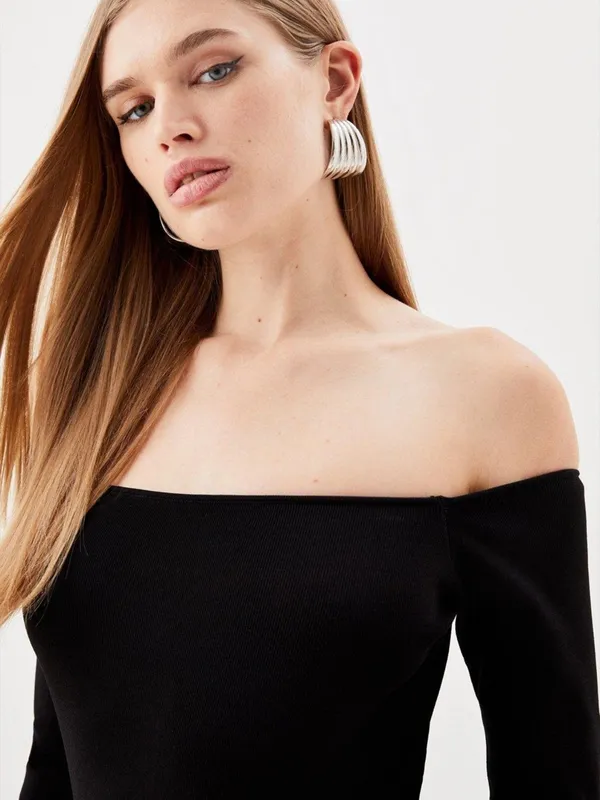 Karen Millen Body Contouring Black Long Sleeve Bardot Knit Thong Bodysuit XS - Image 4