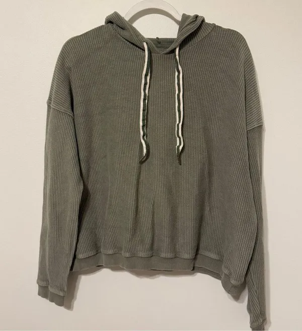 Aerie Ribbed Hoodie Sage Green Size Medium Cropped Sweatshirt Oversized - Image 7