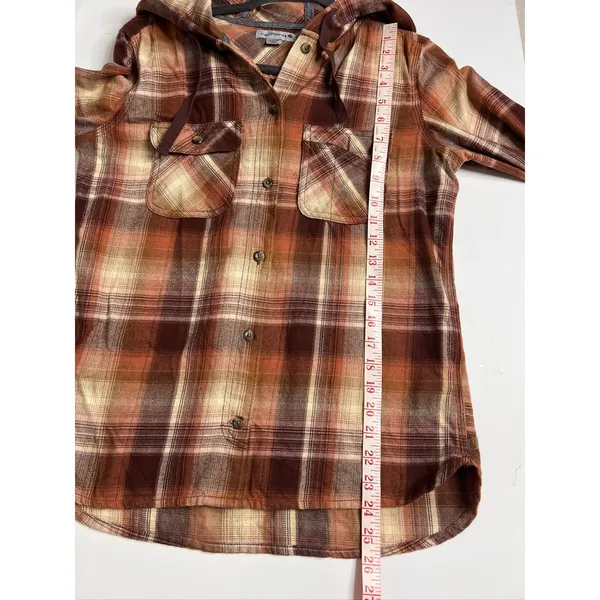 Carhartt Hooded Flannel Plaid Shirt Women's Small Orange Brown Cotton - Image 6