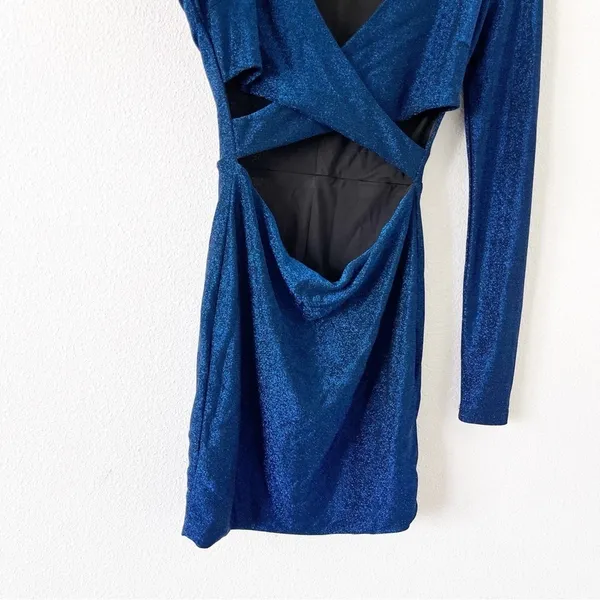 Meshki Blue Glitter Cut Out Long Sleeve Glam Party Club Bodycon Mini Dress - Image 5