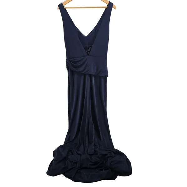 ML Monique Lhuillier Gown Womens 10 Sequin Cowl Neck Navy Blue Ruched EUC - Image 3