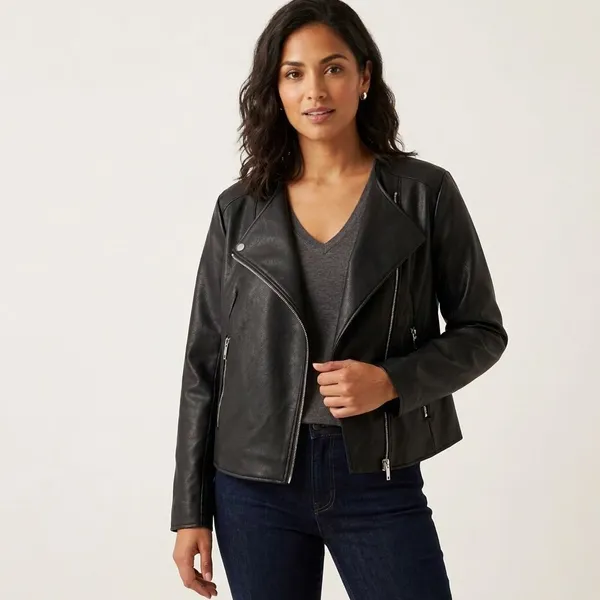 Mango MNG Faux Leather Biker Moto Jacket Womens Medium Black Zip - Image 2