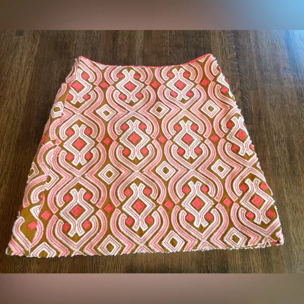 Anthropologie Linen Slim Mini Skirt Preppy Classic Pink Brown Cream - Size 4 - Image 4