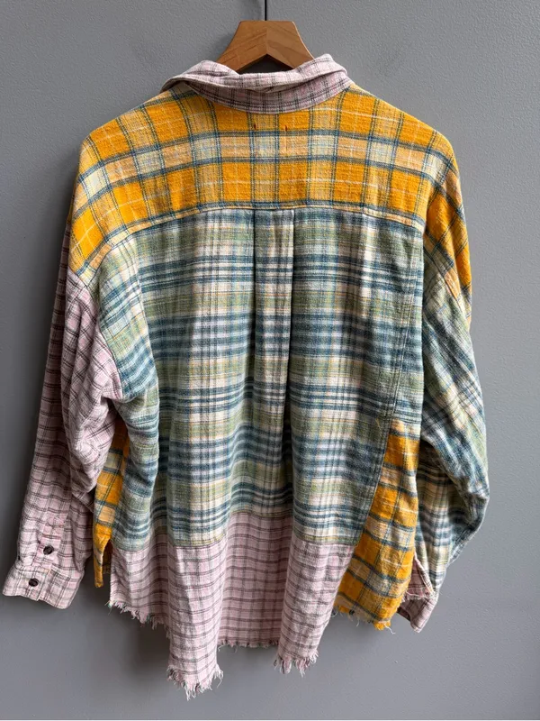 UO Ted Patchwork Yellow Flannel Shirt Button Down Plaid Urban Outfitters Size XS - Image 10