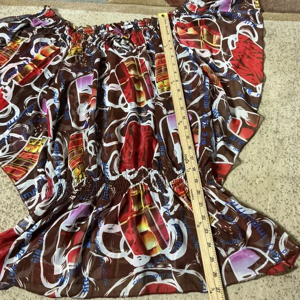 Gialily Abstract Graphic Smocked Waist Blouse Women L/XL Brown Silk Blend Peplum - Image 2
