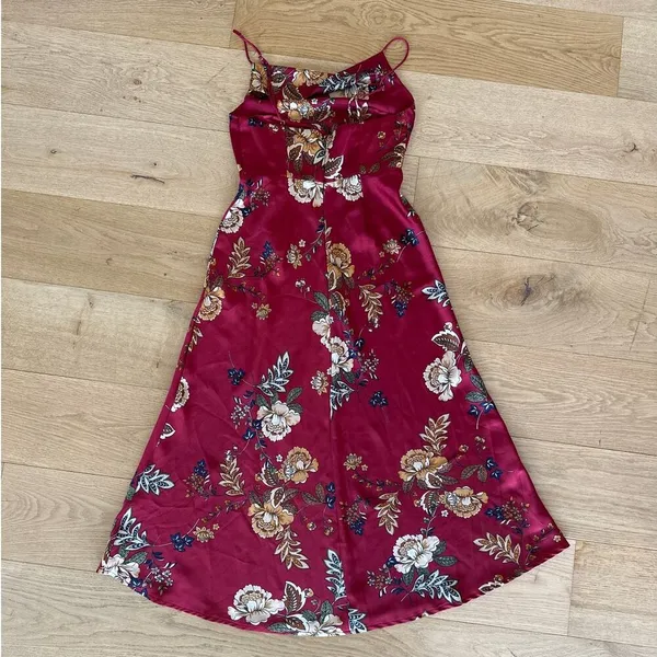 Petal + Pup - Doriah Floral Satin Midi Dress in Red Gold & Green - Image 3