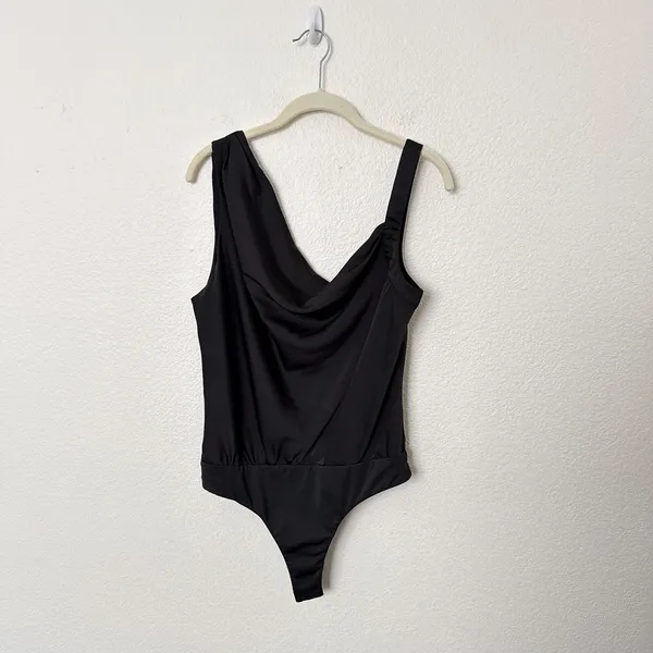 [ASTR] Black Satin Asymmetrical Sleeveless Draped Cowl Neck Bodysuit Sz Medium M - Image 3