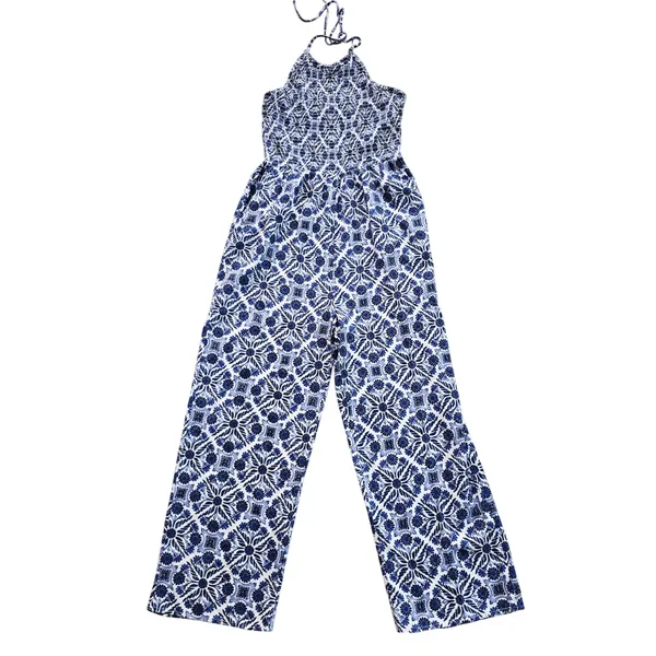 Patrons of Peace 41G Blue White Tile Print Halter Smocked‎ Wide Leg Jumpsuit S - Image 2