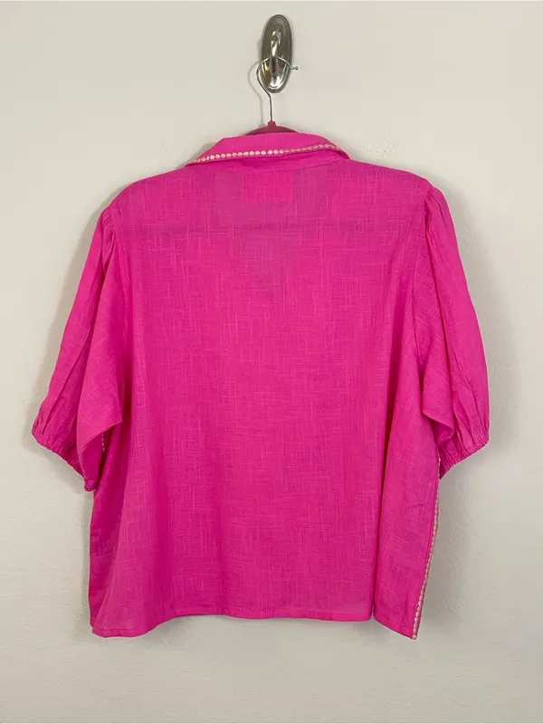 POL Bright Pink Embroidered Puff Short Sleeves Button-Front Blouse Size Large - Image 7