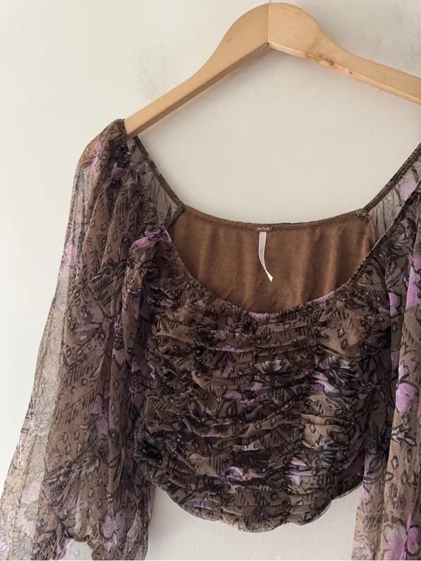 Free People Lilia Top‎ in Olive Combo Puff Sleeve - Image 3
