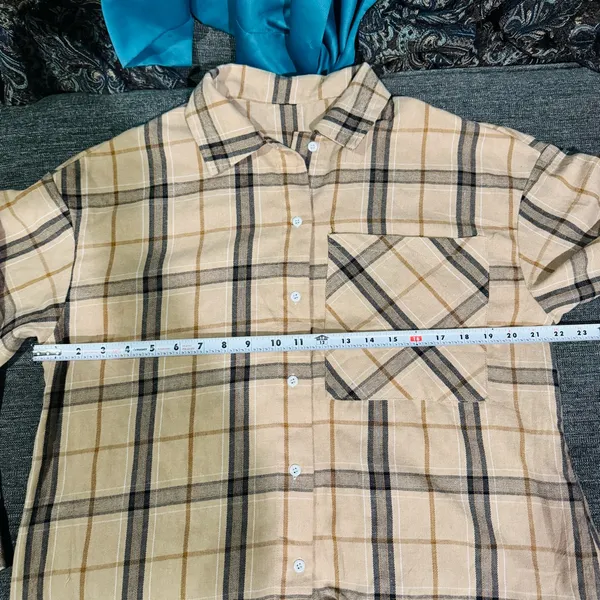 Women Plaid Tan & Black Collared Long Sleeve Buttondown Relaxed Fit Shirt‎ Sz L - Image 15