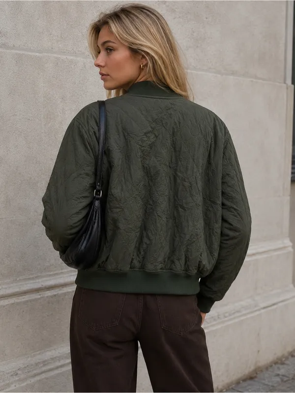 Vintage 90s Liz Wear Chic Army Green Quilted Nylon Bomber Jacket Small - Image 4